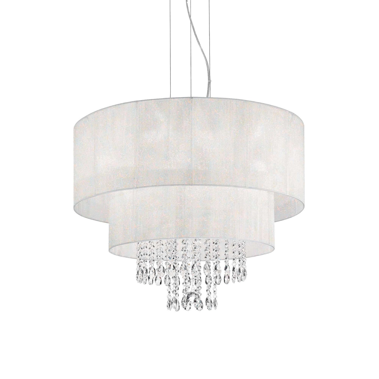 Ideallux OPERA pendant lamp with 6 adjustable lights, chrome finish, PVC shades, crystal accents, dimmable, E27 socket.