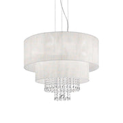 Ideallux OPERA pendant lamp with 6 adjustable lights, chrome finish, PVC shades, crystal accents, dimmable, E27 socket.
