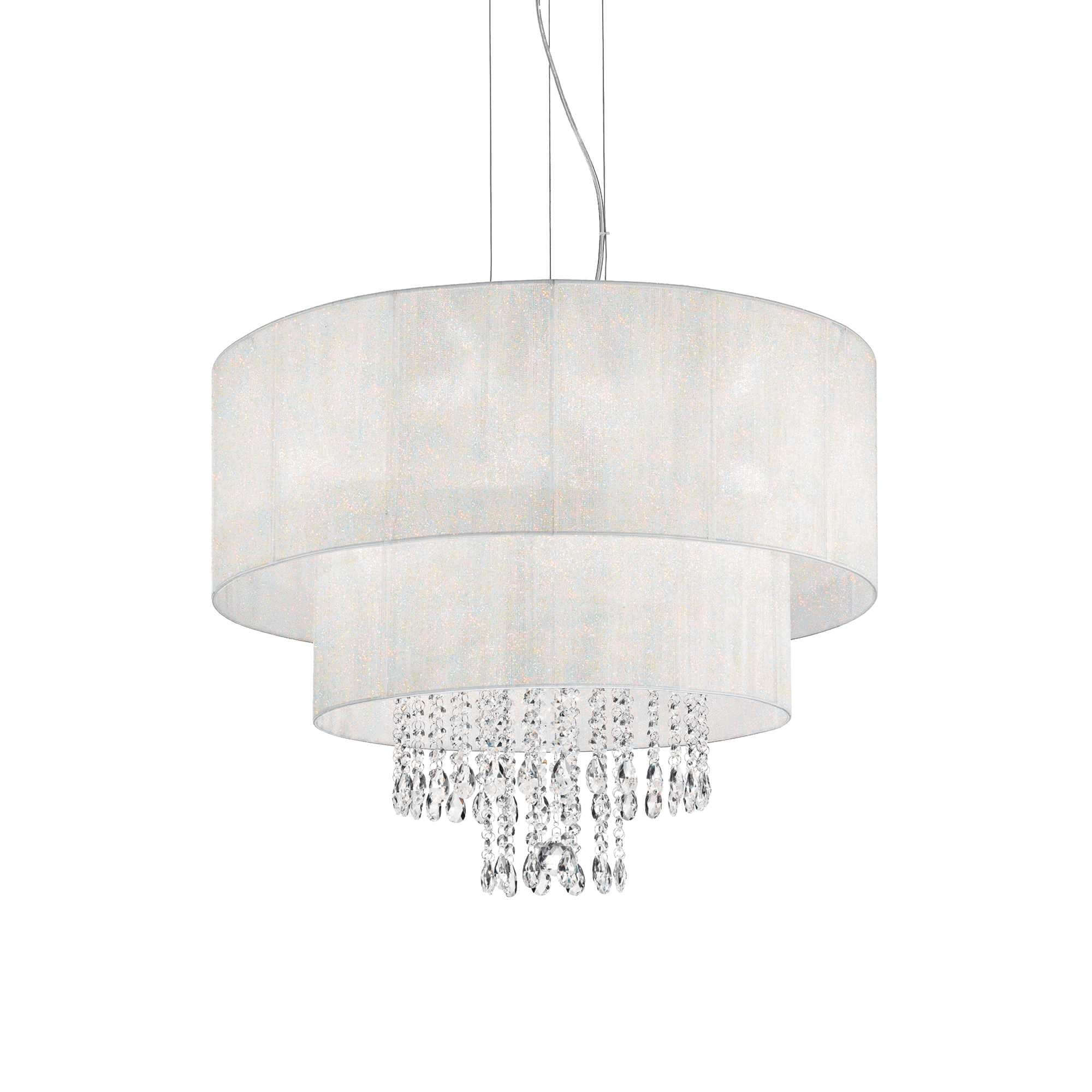 Ideallux OPERA pendant lamp with 6 adjustable lights, chrome finish, PVC shades, crystal accents, dimmable, E27 socket.