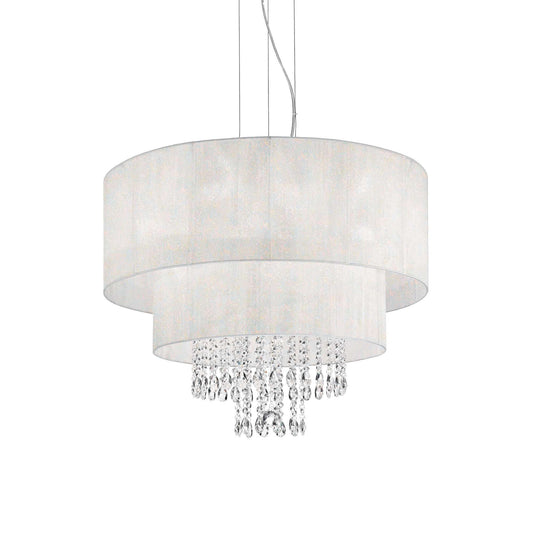 Ideallux OPERA pendant lamp with 6 adjustable lights, chrome finish, PVC shades, crystal accents, dimmable, E27 socket.