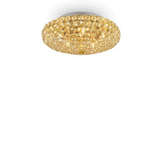 IDEAL Lux King Deckenleuchte in Gold mit funkelnden Kristallen, Durchmesser 38cm, dimmbar mit 5 G9 LED 3000K Leuchten, elegantes Design.