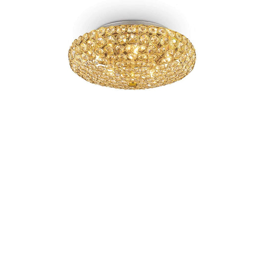 IDEAL Lux King Deckenleuchte in Gold mit funkelnden Kristallen, Durchmesser 38cm, dimmbar mit 5 G9 LED 3000K Leuchten, elegantes Design.