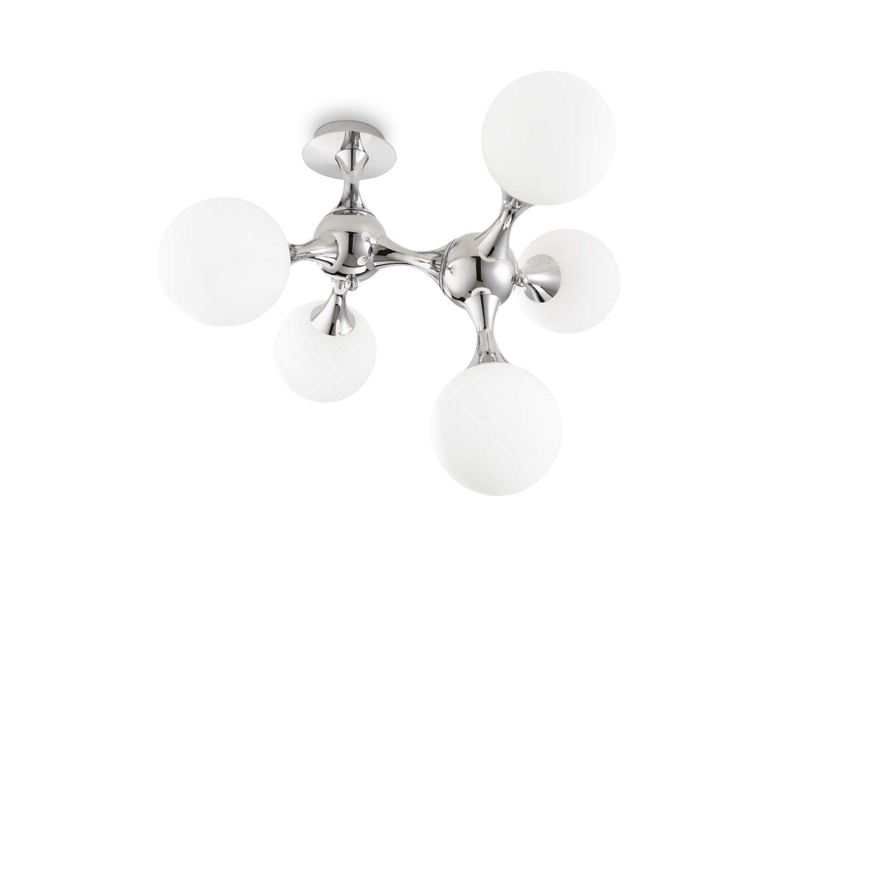 Ideallux NODI ceiling light with 5 white glass bulbs and chrome finish, dimmable, ideal for modern interiors.