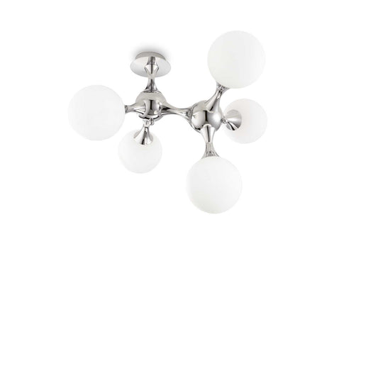 Ideallux NODI ceiling light with 5 white glass bulbs and chrome finish, dimmable, ideal for modern interiors.