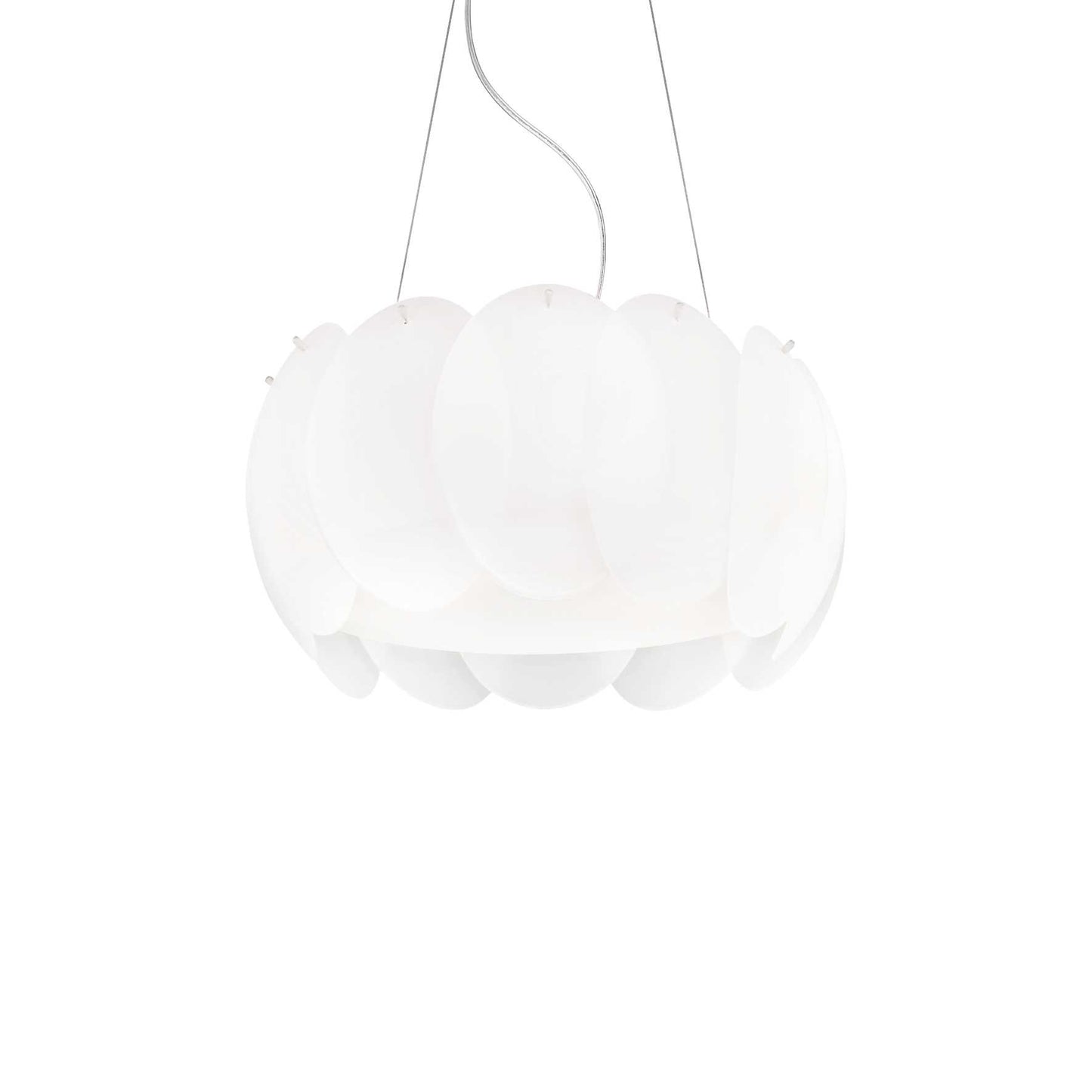 Ideallux OVALINO 5-light pendant lamp with curved etched glass and adjustable height, modern white design. Diameter Ø44cm, E27 base.