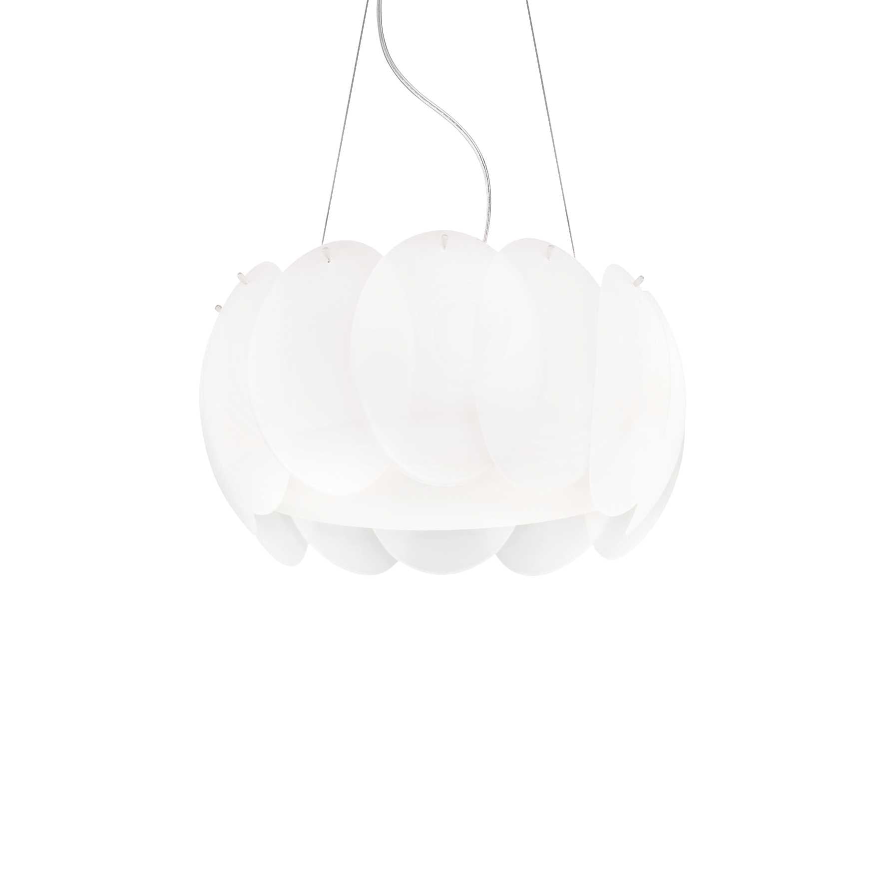 Ideallux OVALINO 5-light pendant lamp with curved etched glass and adjustable height, modern white design. Diameter Ø44cm, E27 base.
