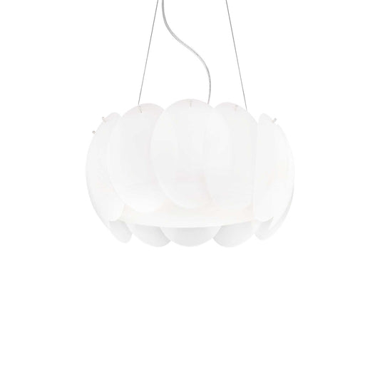 Ideallux OVALINO 5-light pendant lamp with curved etched glass and adjustable height, modern white design. Diameter Ø44cm, E27 base.