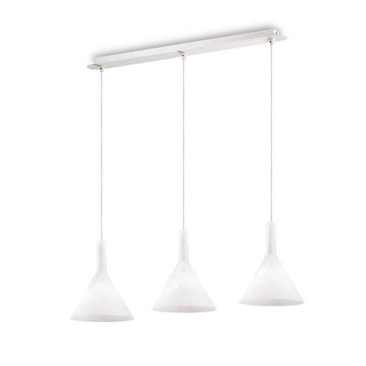Ideallux Pendelleuchte COCKTAIL 3, dimmable, adjustable height, white glass pendant light with three E14 bulb sockets.