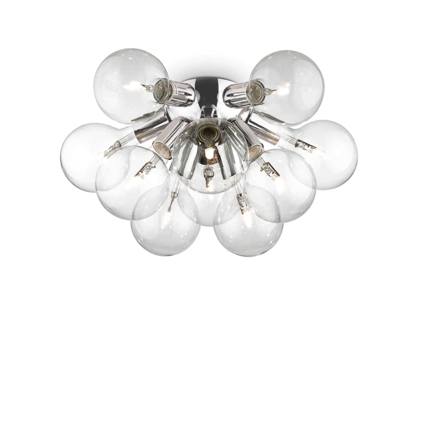 Ideallux Deckenleuchte DEA, chromed metal base with 10 dimmable LED bulbs in blown glass, Ø55cm, ideal ceiling light fixture.