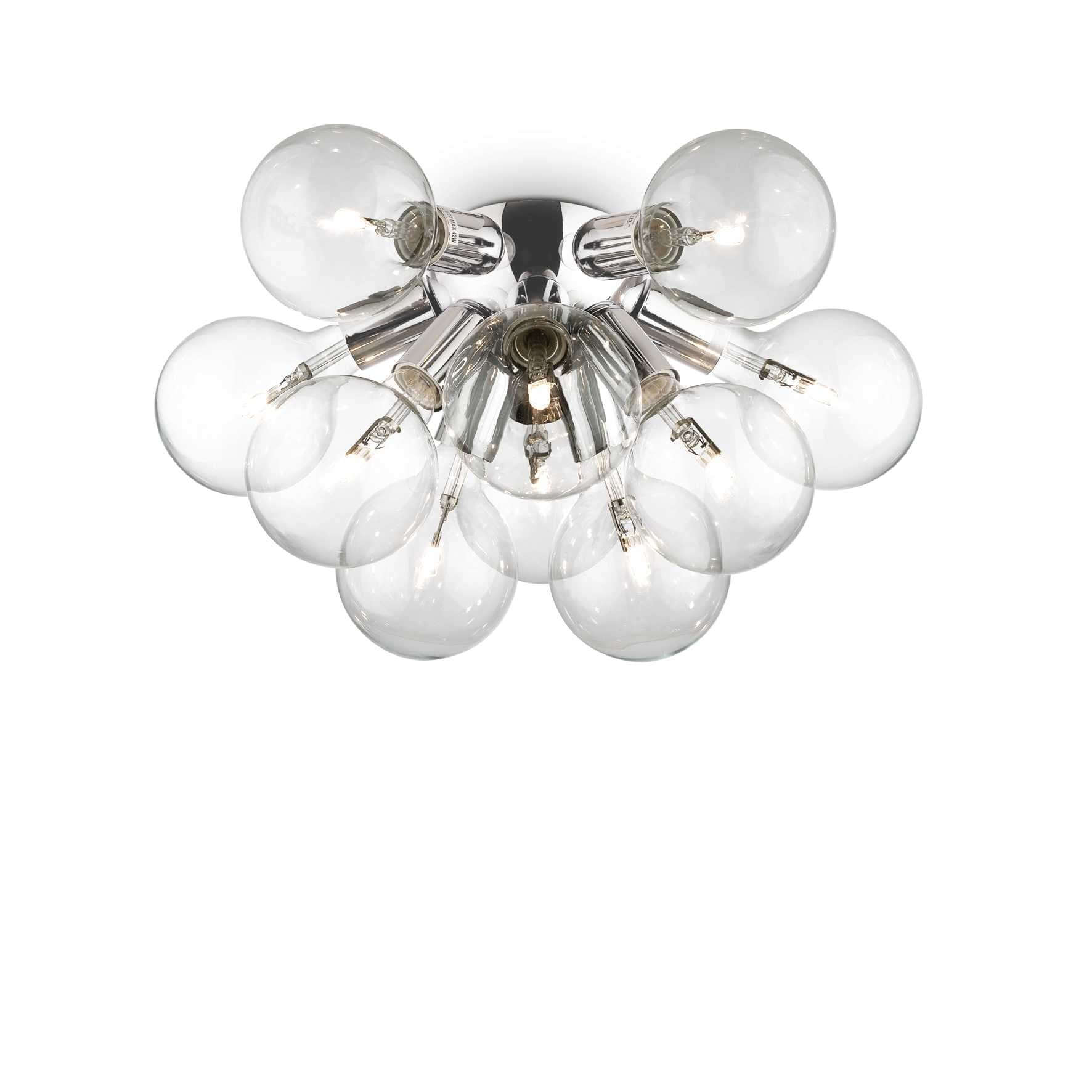 Ideallux Deckenleuchte DEA, chromed metal base with 10 dimmable LED bulbs in blown glass, Ø55cm, ideal ceiling light fixture.