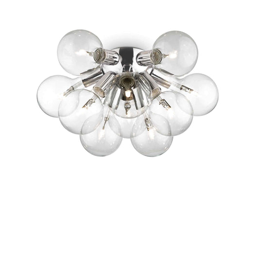 Ideallux Deckenleuchte DEA, chromed metal base with 10 dimmable LED bulbs in blown glass, Ø55cm, ideal ceiling light fixture.