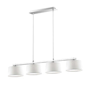 Ideallux Hilton pendelleuchte with four adjustable lights, PVC and fabric shade, chrome frame; dimmable and elegant for modern decor.