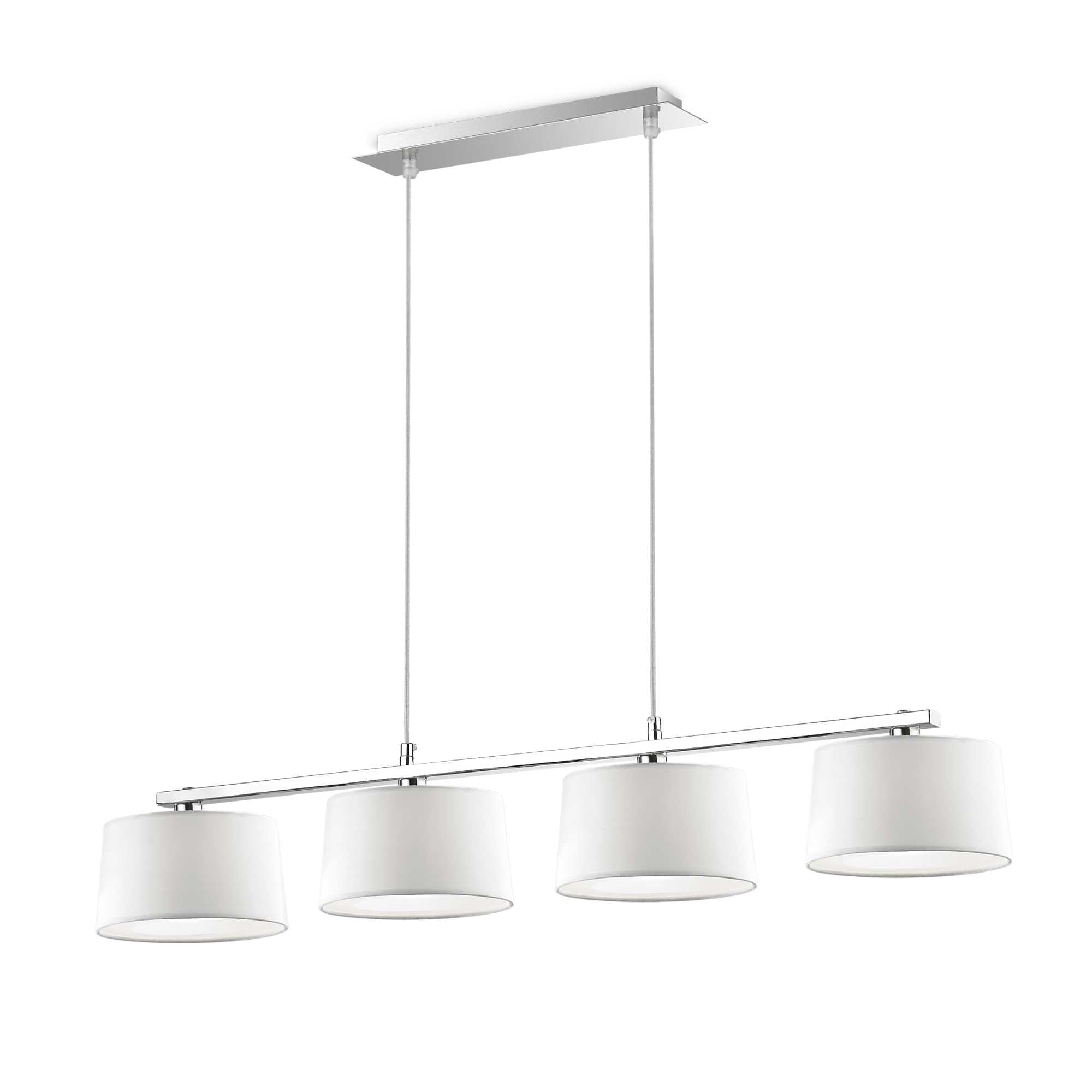 Ideallux Hilton pendelleuchte with four adjustable lights, PVC and fabric shade, chrome frame; dimmable and elegant for modern decor.