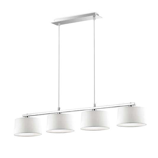 Ideallux Hilton pendelleuchte with four adjustable lights, PVC and fabric shade, chrome frame; dimmable and elegant for modern decor.
