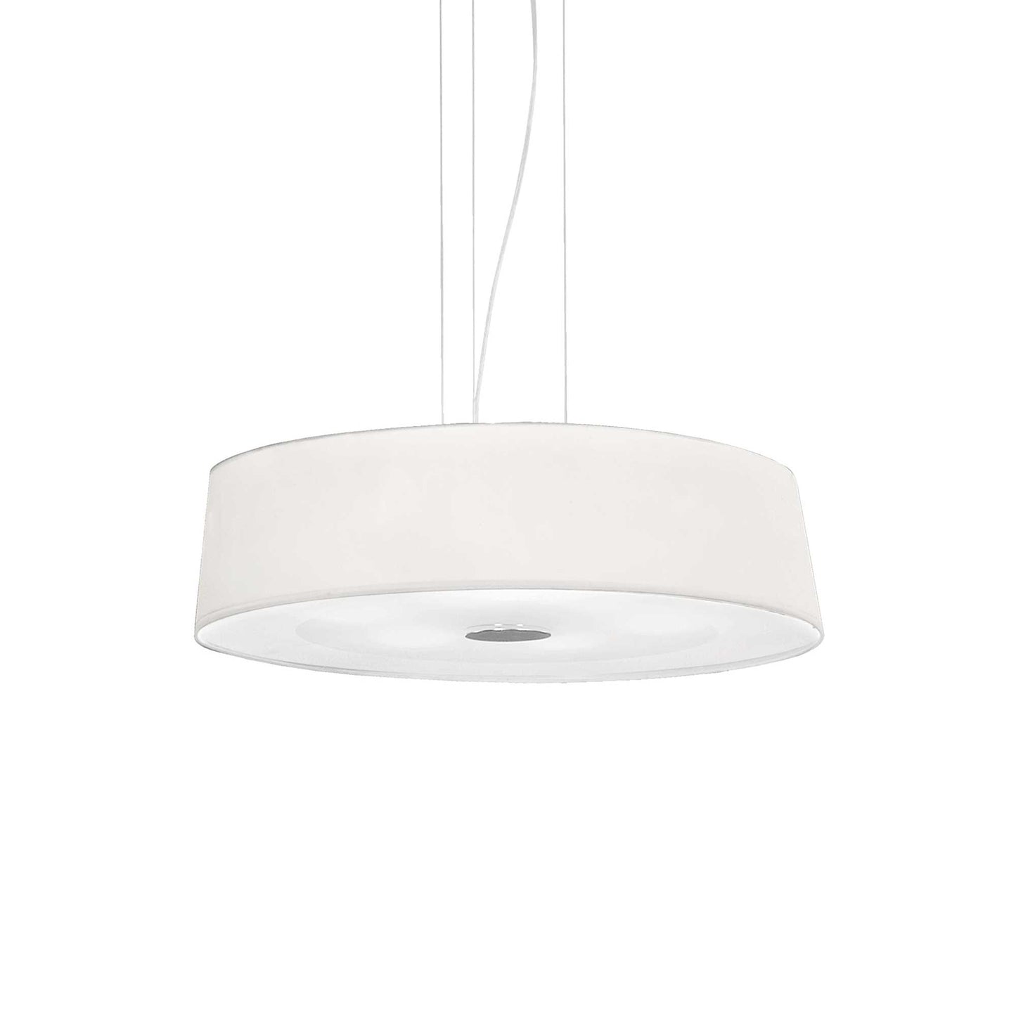 Ideallux Pendelleuchte HILTON 4, dimmable, white fabric shade, E27 base, chrome frame, adjustable height pendant light.