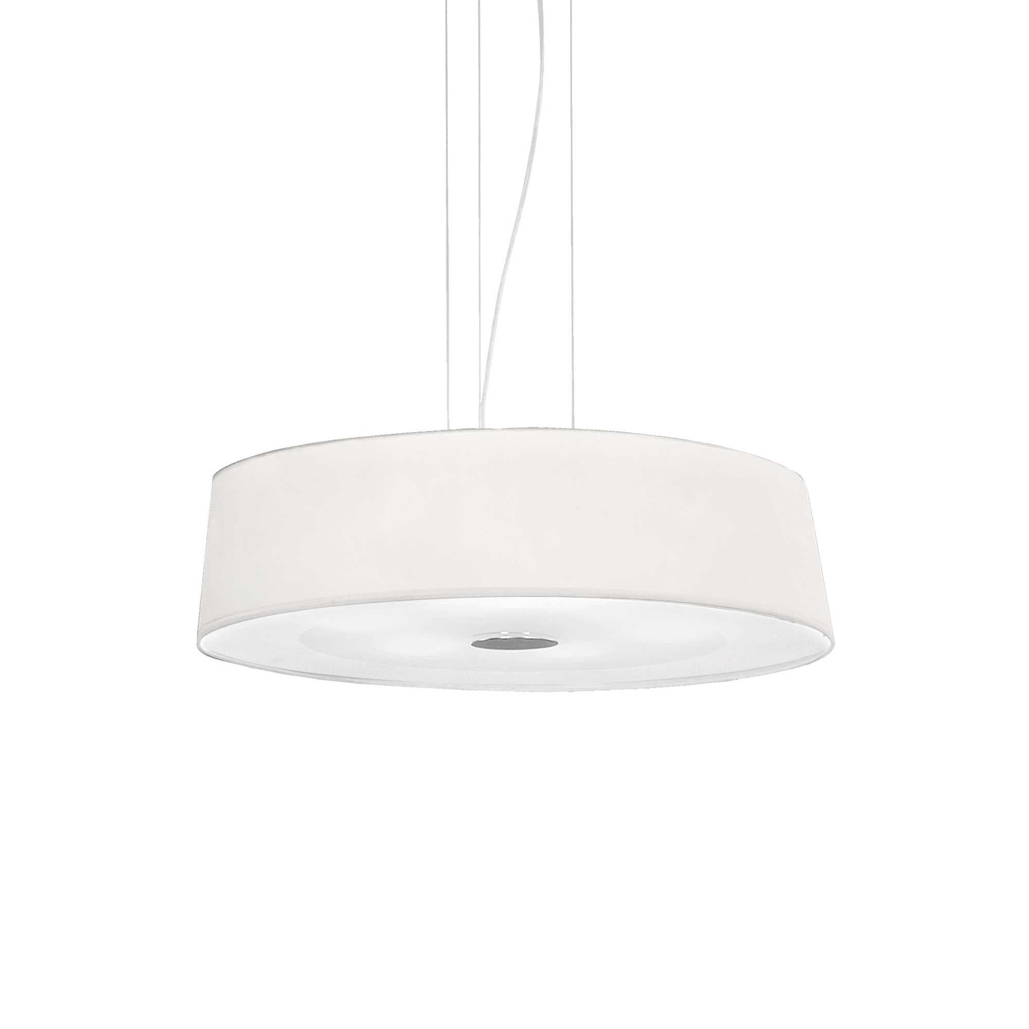 Ideallux Pendelleuchte HILTON 4, dimmable, white fabric shade, E27 base, chrome frame, adjustable height pendant light.