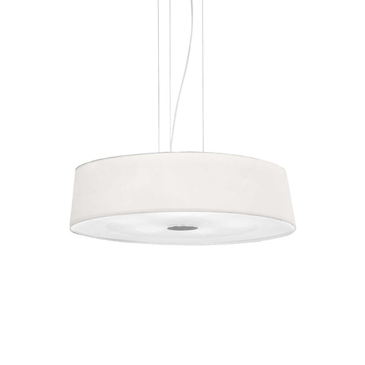Ideallux Pendelleuchte HILTON 4, dimmable, white fabric shade, E27 base, chrome frame, adjustable height pendant light.