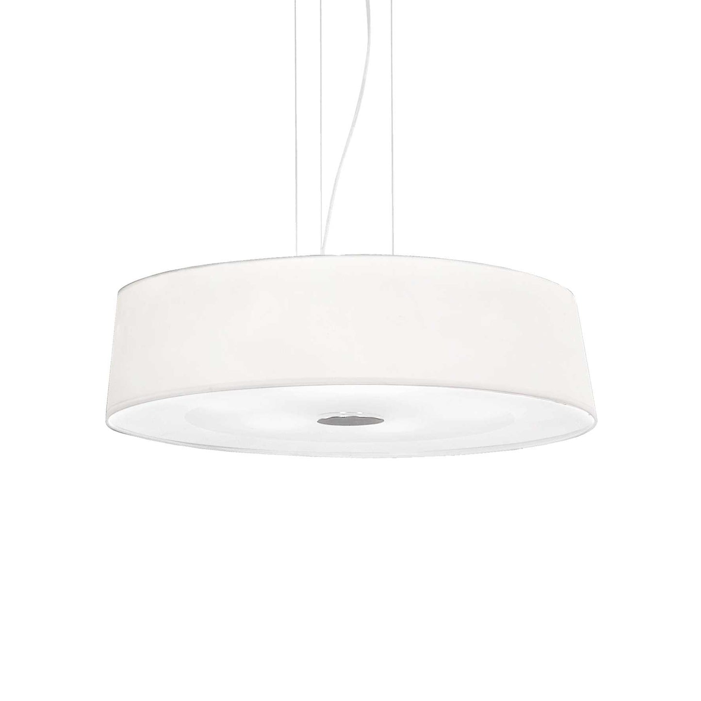 Ideallux Hilton pendant light with six dimmable lamps, PVC and fabric shade, chrome frame, adjustable height, E27 socket