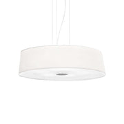 Ideallux Hilton pendant light with six dimmable lamps, PVC and fabric shade, chrome frame, adjustable height, E27 socket