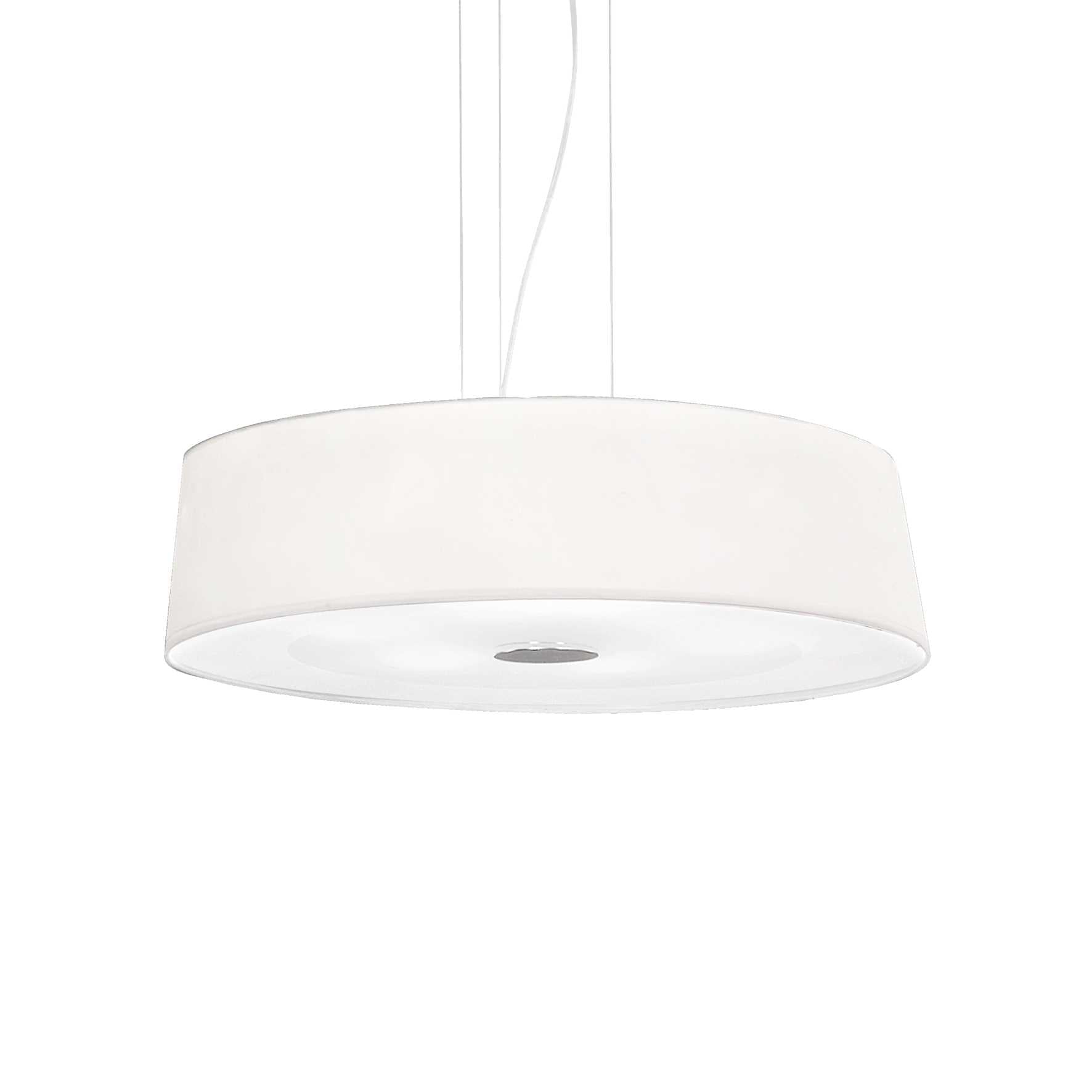 Ideallux Hilton pendant light with six dimmable lamps, PVC and fabric shade, chrome frame, adjustable height, E27 socket