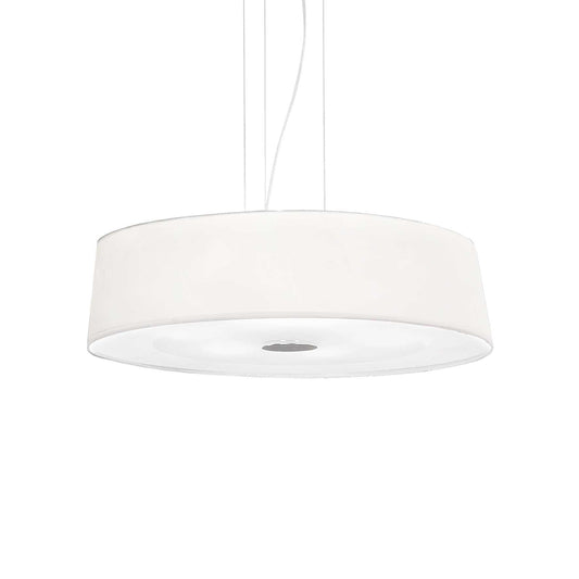 Ideallux Hilton pendant light with six dimmable lamps, PVC and fabric shade, chrome frame, adjustable height, E27 socket