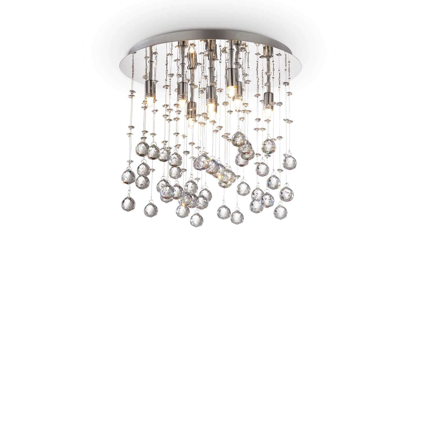Ideallux MOONLIGHT ceiling light with 8 bulbs in silver, featuring a metal frame, hanging crystals, and a 40cm diameter.