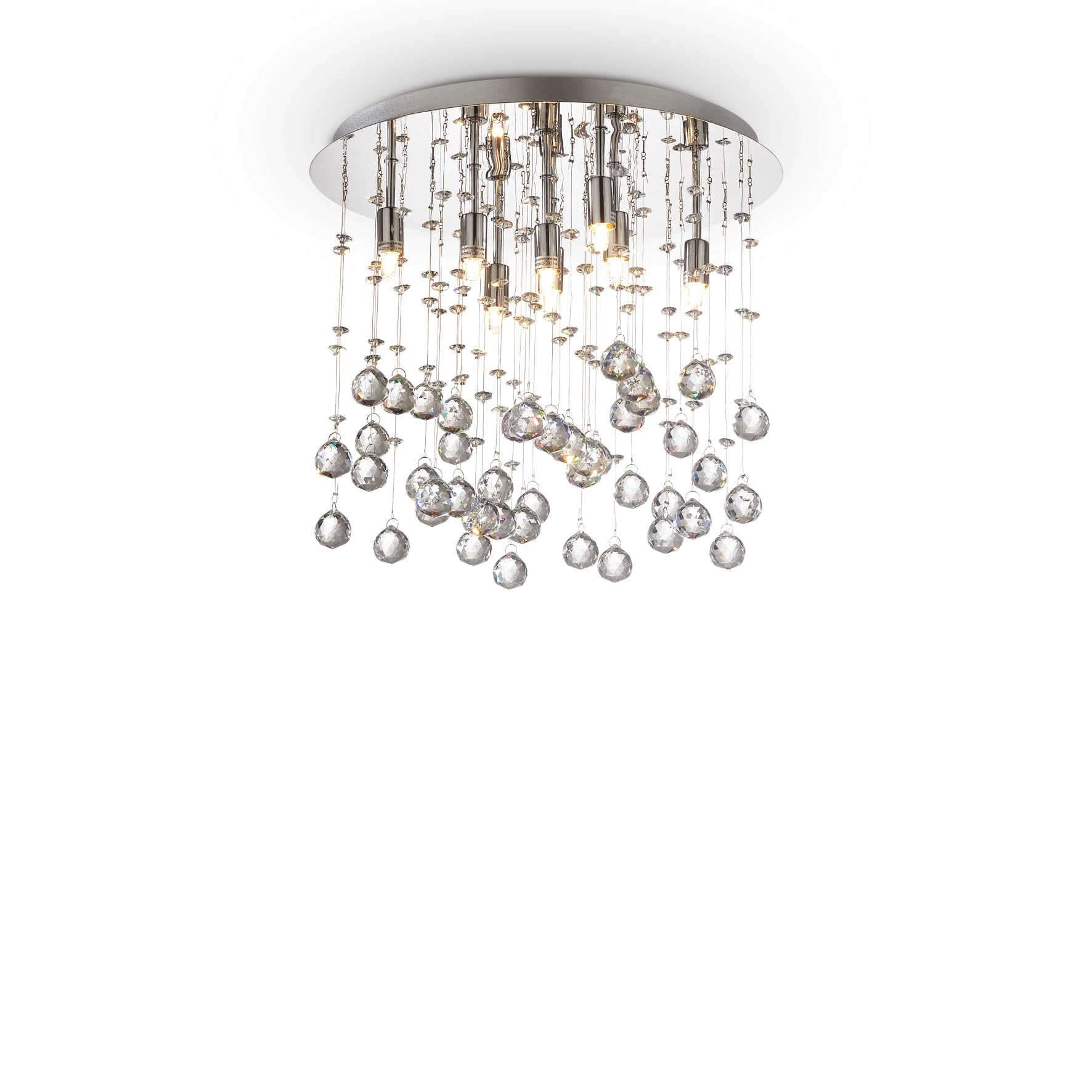 Ideallux MOONLIGHT ceiling light with 8 bulbs in silver, featuring a metal frame, hanging crystals, and a 40cm diameter.