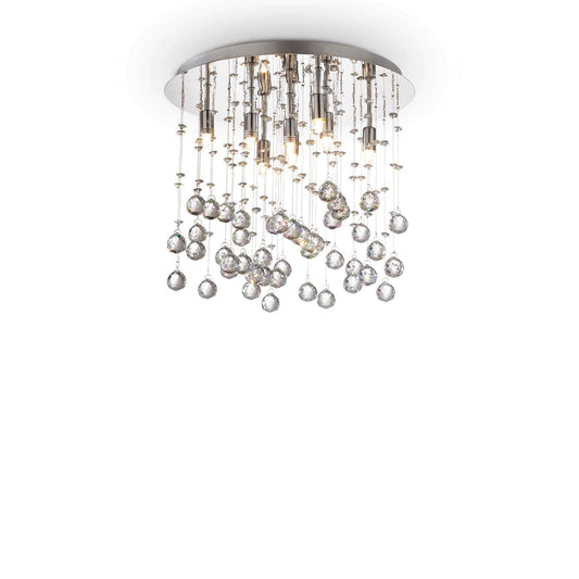 Ideallux MOONLIGHT ceiling light with 8 bulbs in silver, featuring a metal frame, hanging crystals, and a 40cm diameter.
