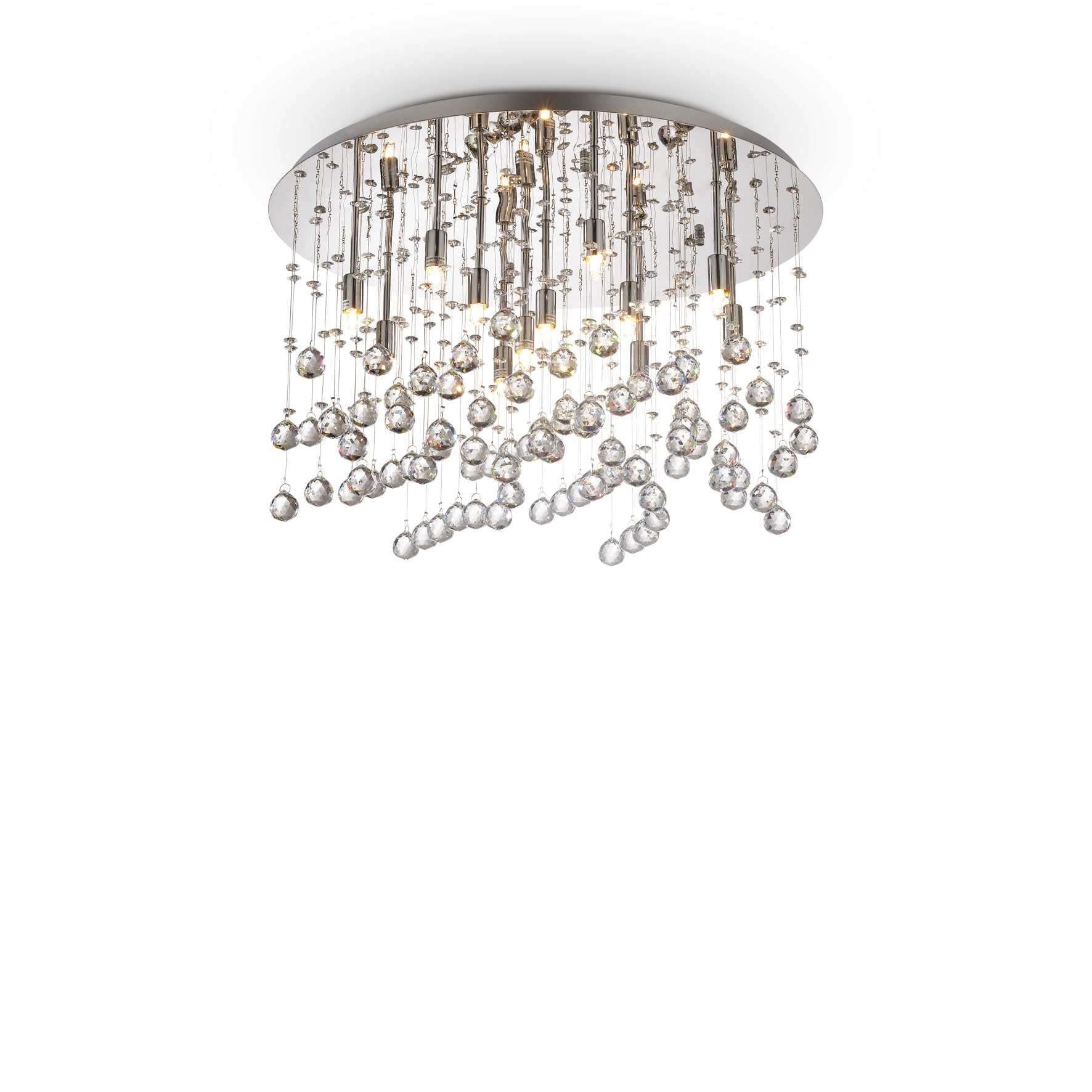 Ideallux MOONLIGHT silver ceiling light with 12 dimmable G9 lamps and crystal ornaments, Ø60cm.