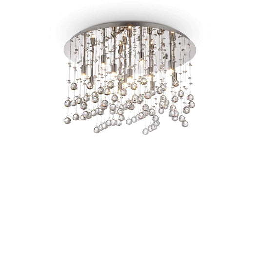 Ideallux MOONLIGHT silver ceiling light with 12 dimmable G9 lamps and crystal ornaments, Ø60cm.
