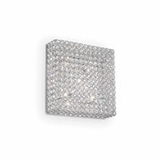 Ideallux Deckenleuchte Admiral with six dimmable lights, chrome metal and crystal design, square shape, G9 socket, 230V.