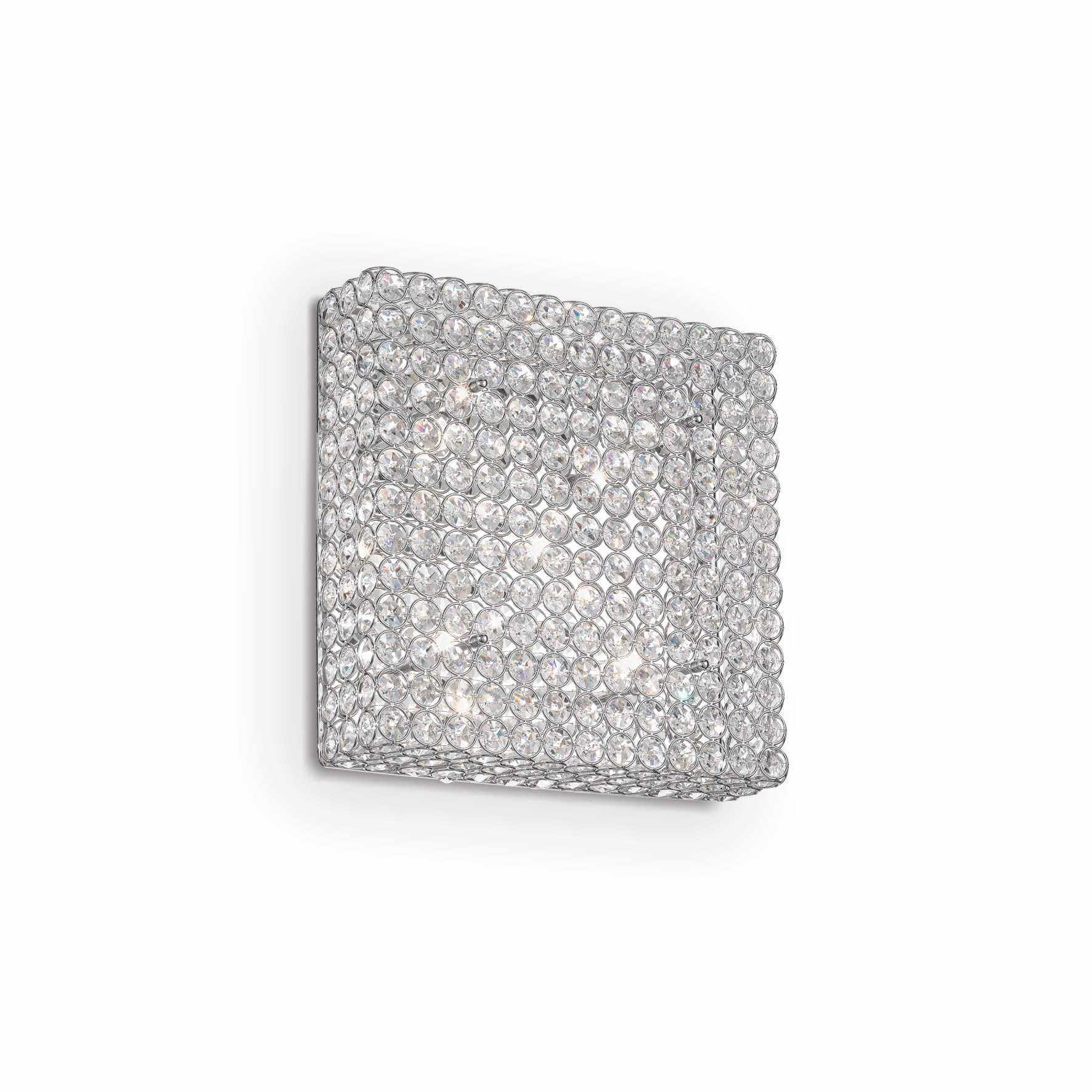 Ideallux Deckenleuchte Admiral with six dimmable lights, chrome metal and crystal design, square shape, G9 socket, 230V.