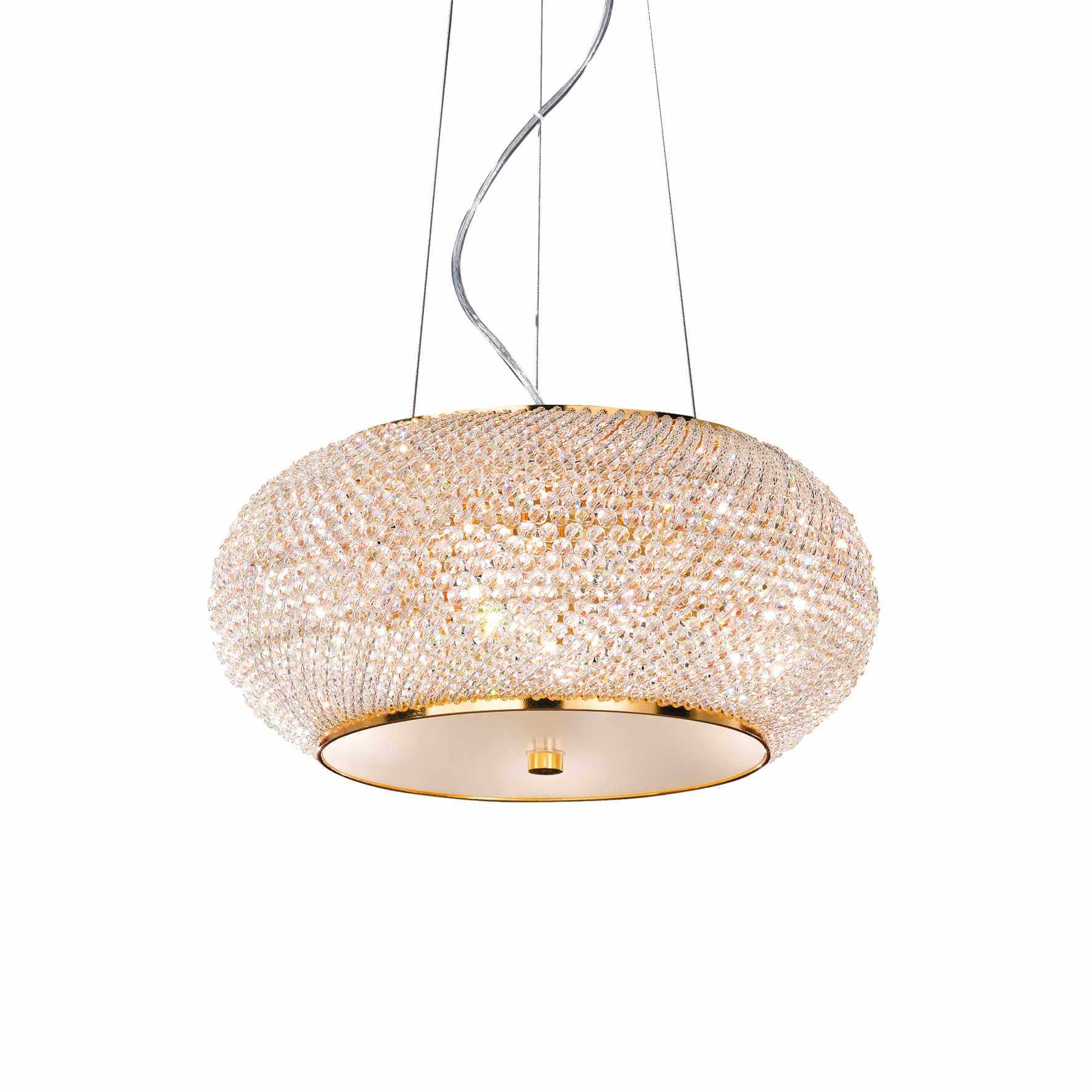 Ideallux PASHA' 6-light gold pendant lamp with crystal beads, adjustable height, Ø45cm, E14 socket, dimmable, elegant design.