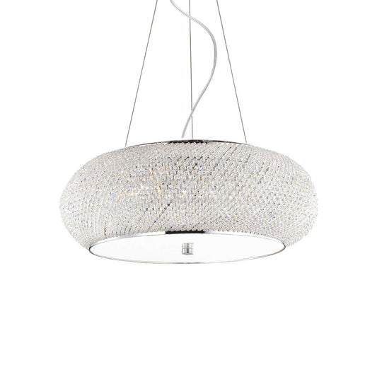Ideallux PASHA' 10-flammig Silber Pendelleuchte, dimmbare Kristallglaslampe mit verstellbarer Höhe und E14 Sockel.