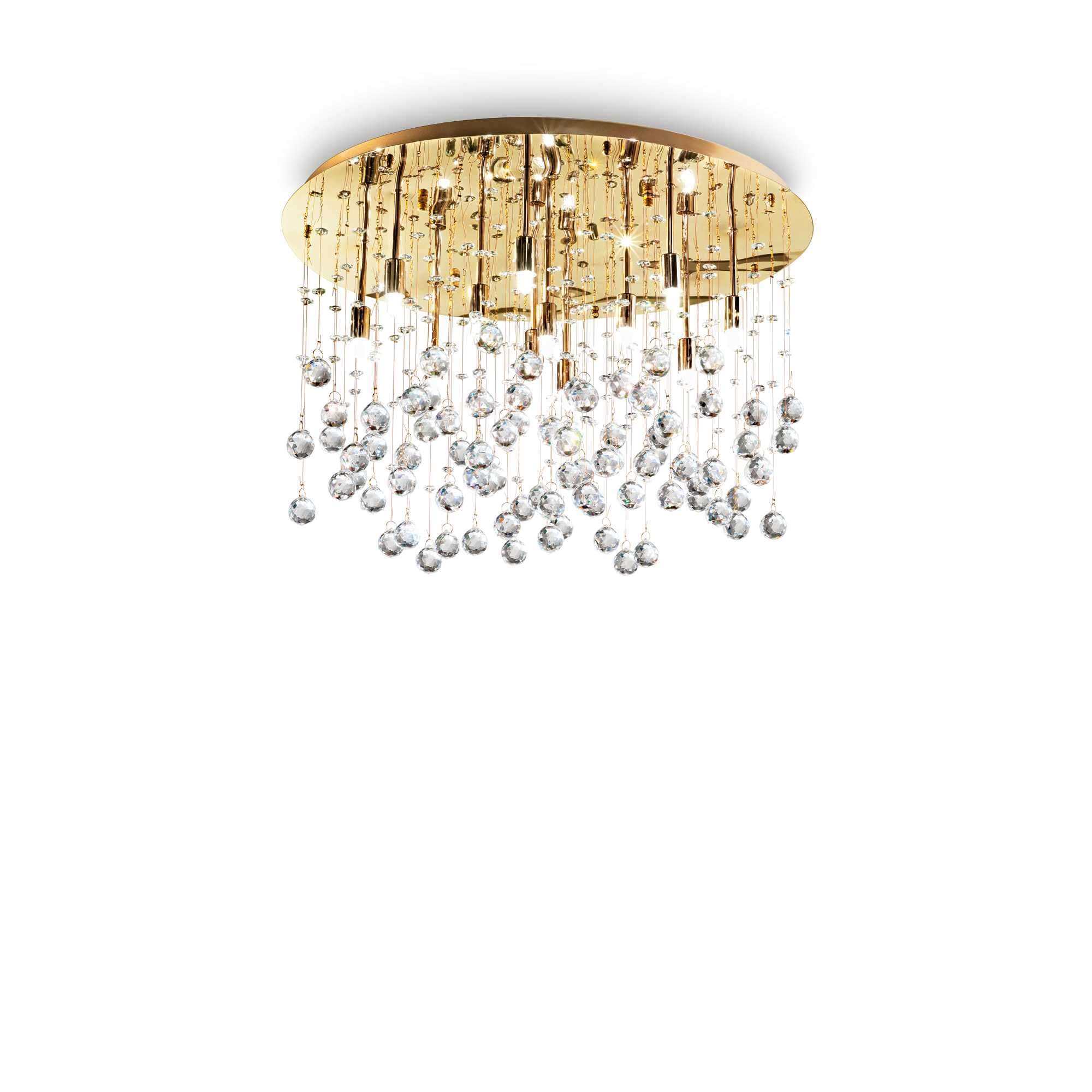 Ideallux MOONLIGHT gold ceiling light with 12 bulbs, crystal accents, and dimmable feature for elegant home decor.