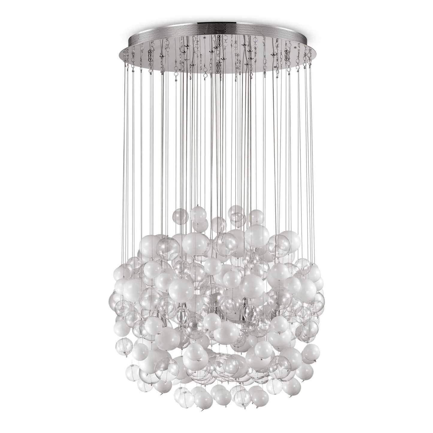 Ideallux Pendelleuchte Bollicine Weiß mit chrom Metall und geblasenem Glas, dimmbar, höhenverstellbar, Ø50cm, 14 G9 Leuchtmittel.