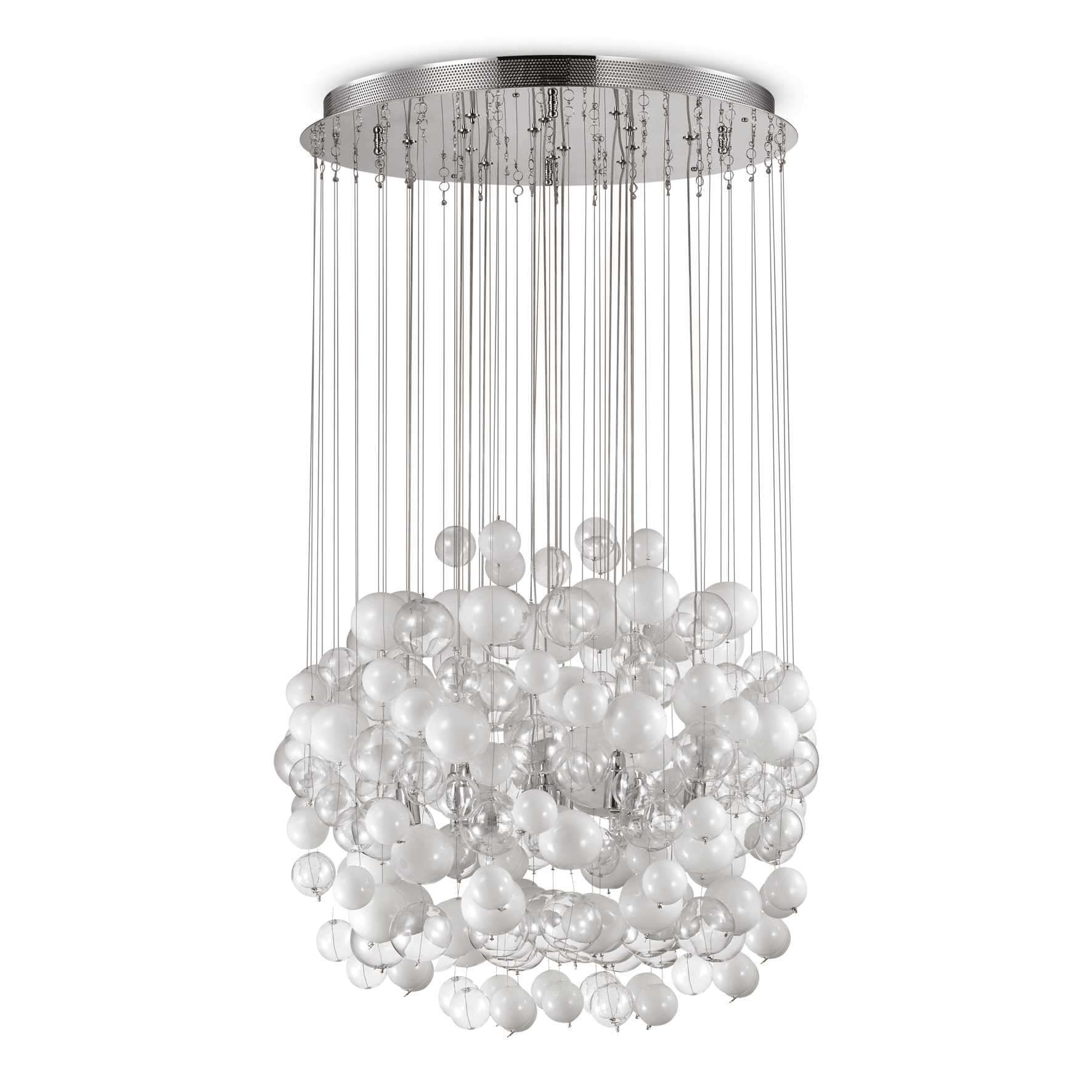 Ideallux Pendelleuchte Bollicine Weiß mit chrom Metall und geblasenem Glas, dimmbar, höhenverstellbar, Ø50cm, 14 G9 Leuchtmittel.