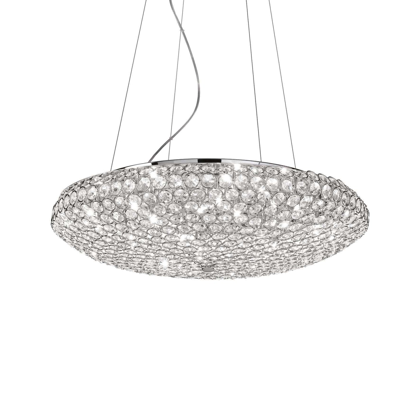 Ideal Lux Pendelleuchte KING Ø46cm with sparkling crystals, chrome frame, dimmable LED lights, adjustable height, creating a luxurious ambiance.