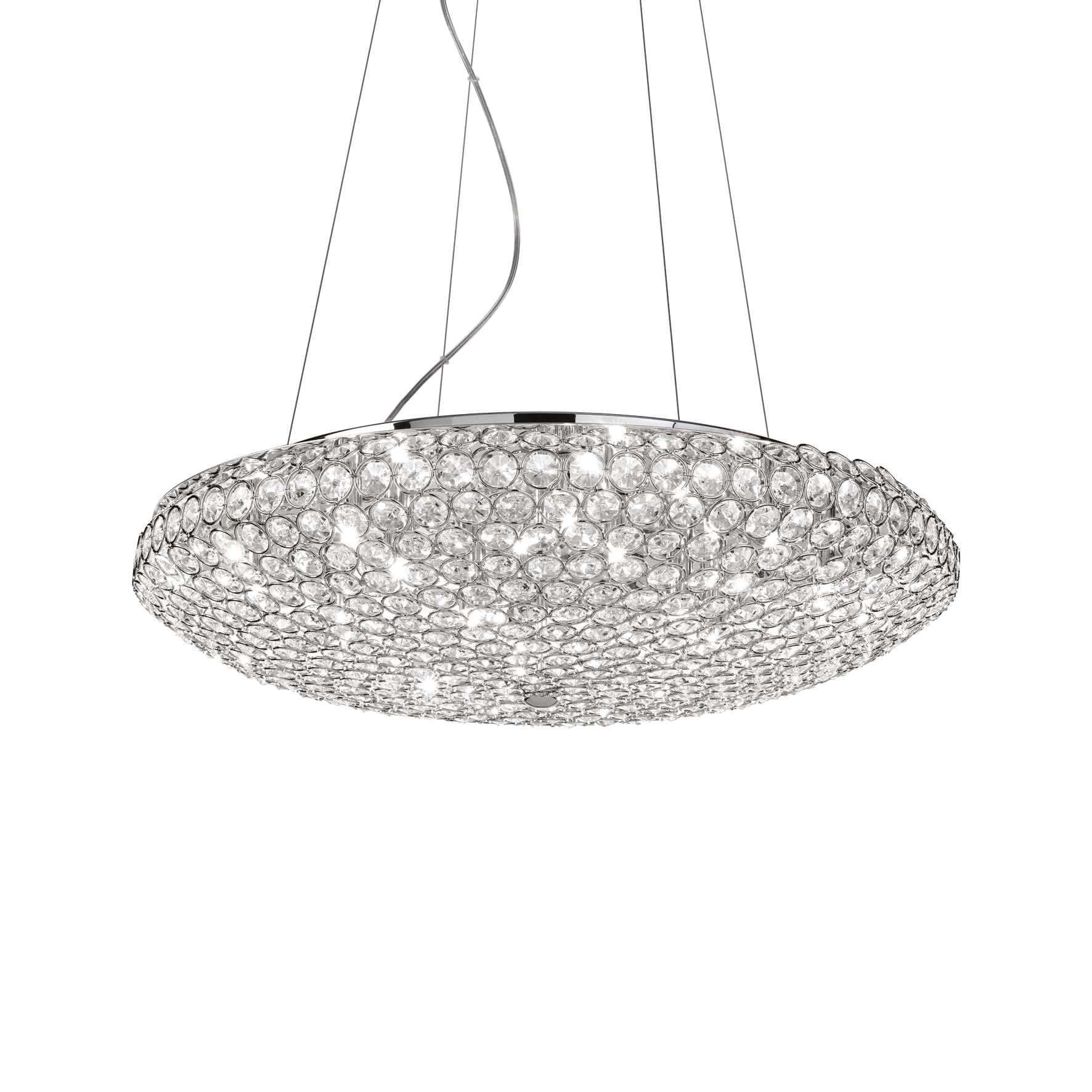 Ideal Lux Pendelleuchte KING Ø46cm with sparkling crystals, chrome frame, dimmable LED lights, adjustable height, creating a luxurious ambiance.
