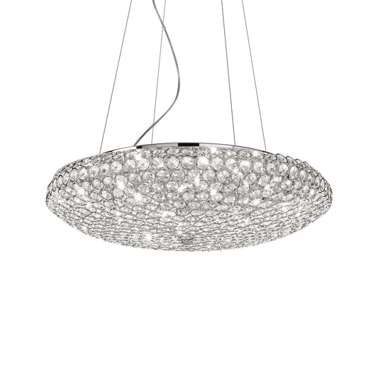 Ideal Lux Pendelleuchte KING Ø46cm with sparkling crystals, chrome frame, dimmable LED lights, adjustable height, creating a luxurious ambiance.