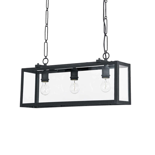 Ideallux Igor 3-flame pendant light with dimmable E27 sockets, black metal and glass design, height adjustable.