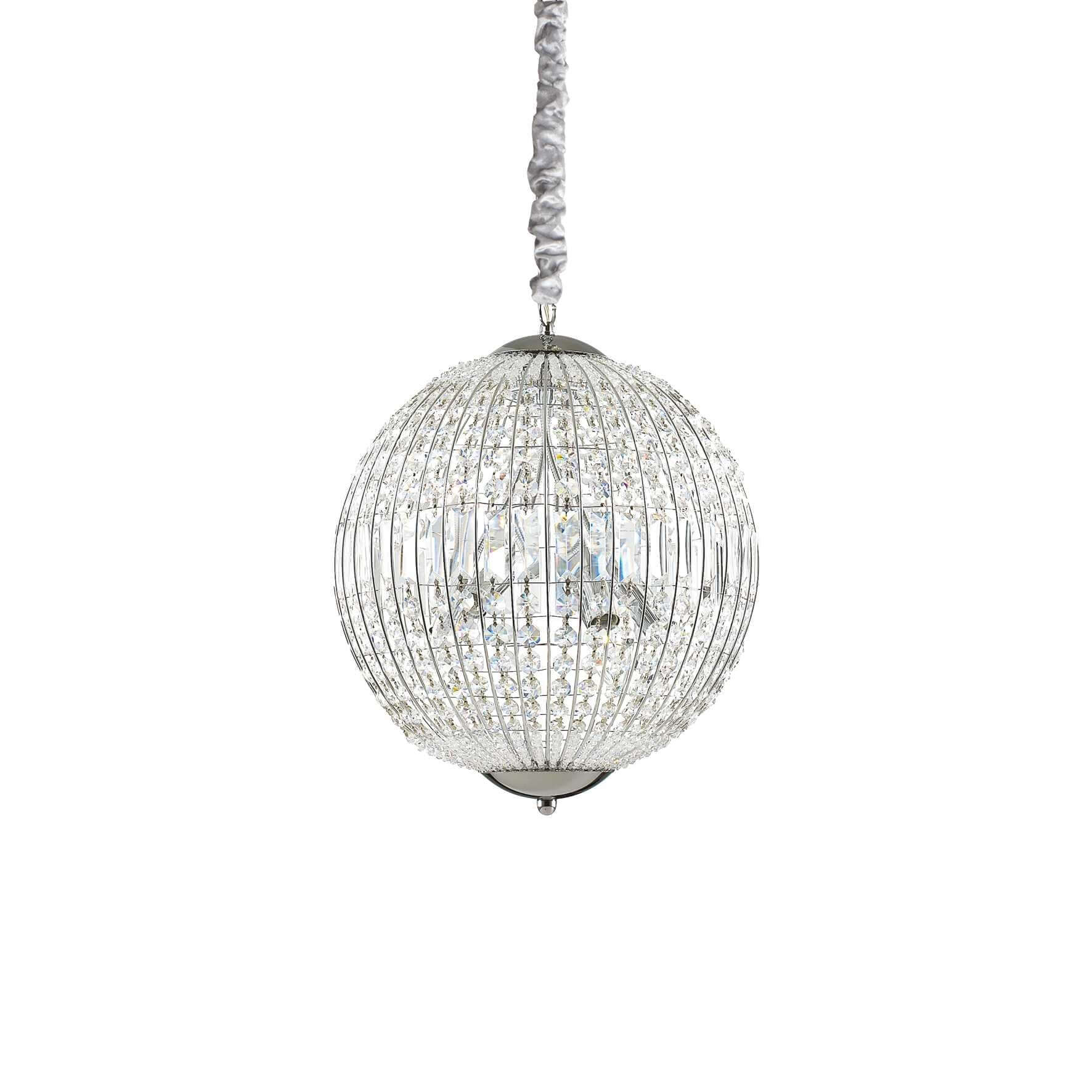 Ideallux Pendelleuchte LUXOR 6 Flammig, verchromtes Metall mit Kristallen, dimmbar, höhenverstellbar, für moderne Beleuchtung.