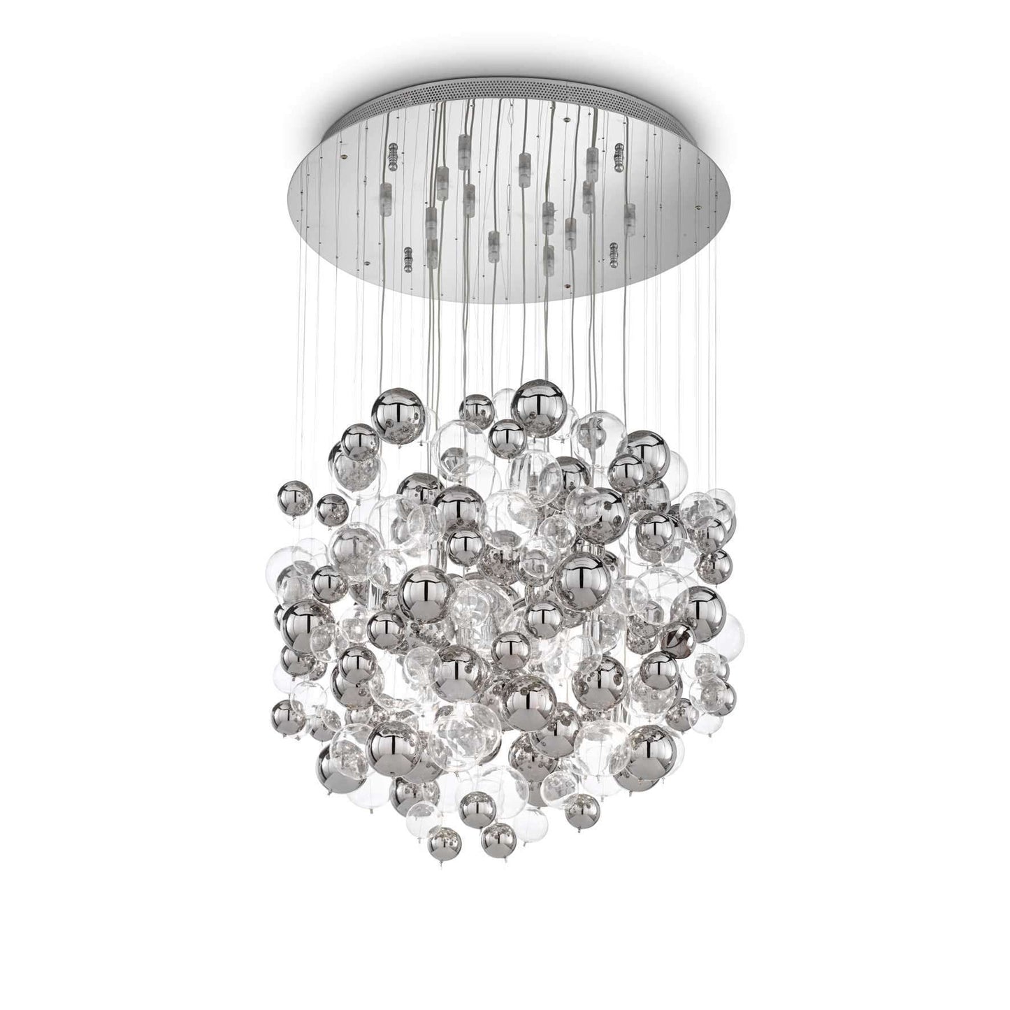Ideallux Bollicine Silber pendant light with blown glass spheres and chrome metal, dimmable, adjustable height, G9 sockets, Ø50cm