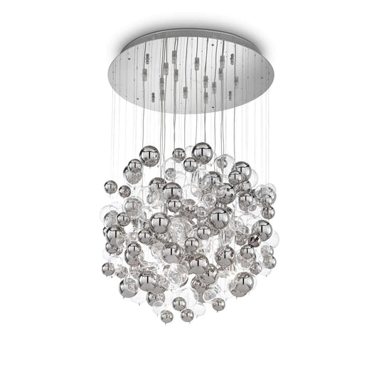 Ideallux Bollicine Silber pendant light with blown glass spheres and chrome metal, dimmable, adjustable height, G9 sockets, Ø50cm