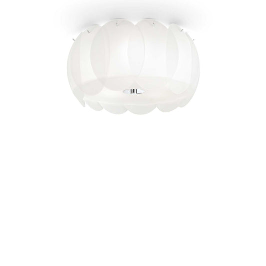 Ideallux Deckenleuchte OVALINO with 5 dimmable lights, metal frame and curved etched glass, diameter 40cm.