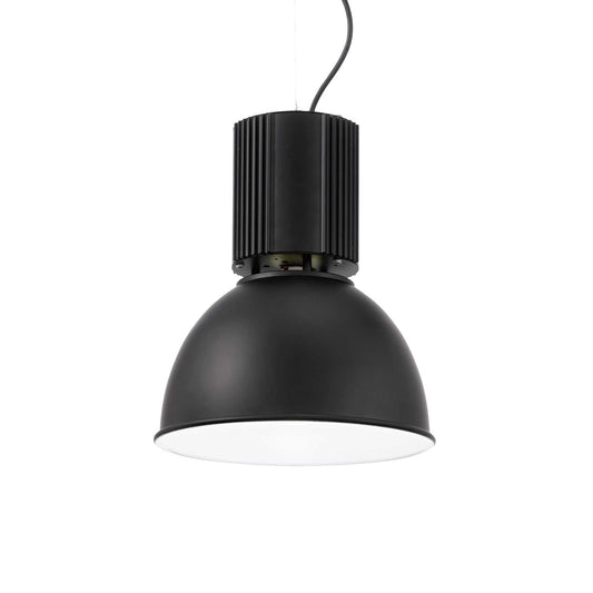 Black Ideallux HANGAR pendant light with adjustable cable and white interior, dimmable E27 socket, aluminum material.