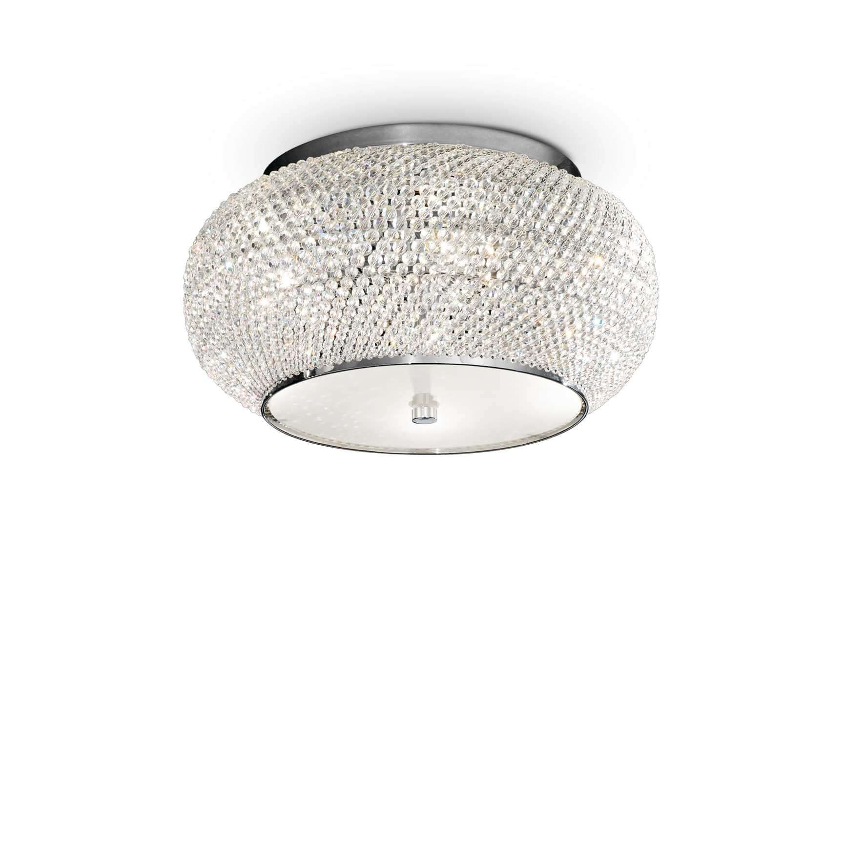 Ideallux Deckenleuchte PASHA' 6 Flammig Silber mit Kristallperlen und dimmbarer E14-Fassung, Ø40cm