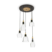 Ideallux GRETEL 5-flammig Pendelleuchte mit schwarzem Metallrahmen, Naturholz und Glasdiffusoren. Dimmbar, höhenverstellbar.