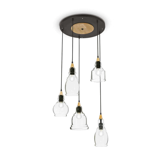 Ideallux GRETEL 5-flammig Pendelleuchte mit schwarzem Metallrahmen, Naturholz und Glasdiffusoren. Dimmbar, höhenverstellbar.