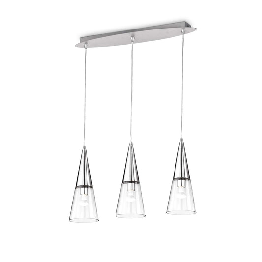 Ideallux CONO 3-light pendant lamp with chrome finish and glass diffusers, adjustable height, E14 sockets, dimmable.